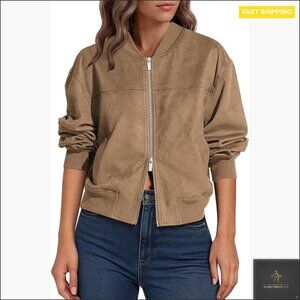 Faux Suede Bomber Jacket Stand Collar Zip Up Cropped Fall Winter Coat